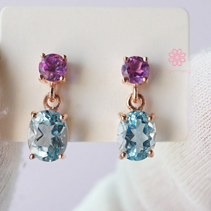 Rose Quartz and Amethyst Dangle Earrings | Sterling Silver