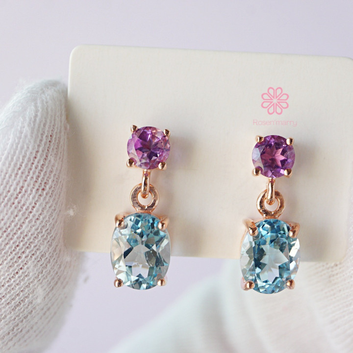 Rose Quartz and Amethyst Dangle Earrings | Sterling Silver