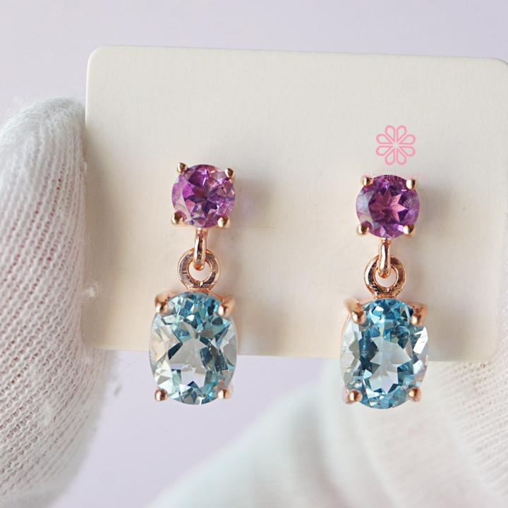 Rose Quartz and Amethyst Dangle Earrings | Sterling Silver