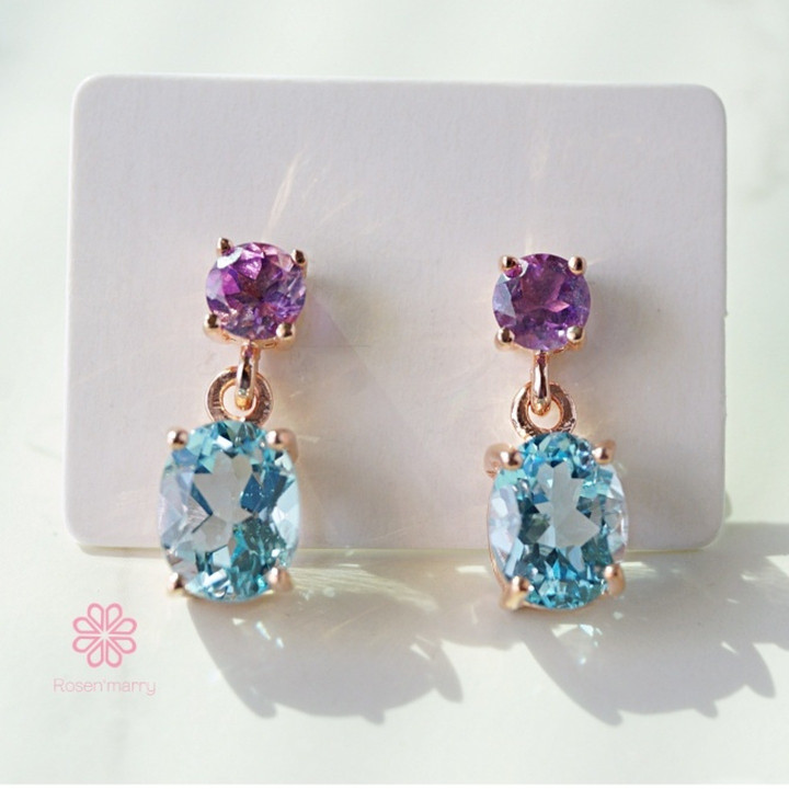 Rose Quartz and Amethyst Dangle Earrings | Sterling Silver