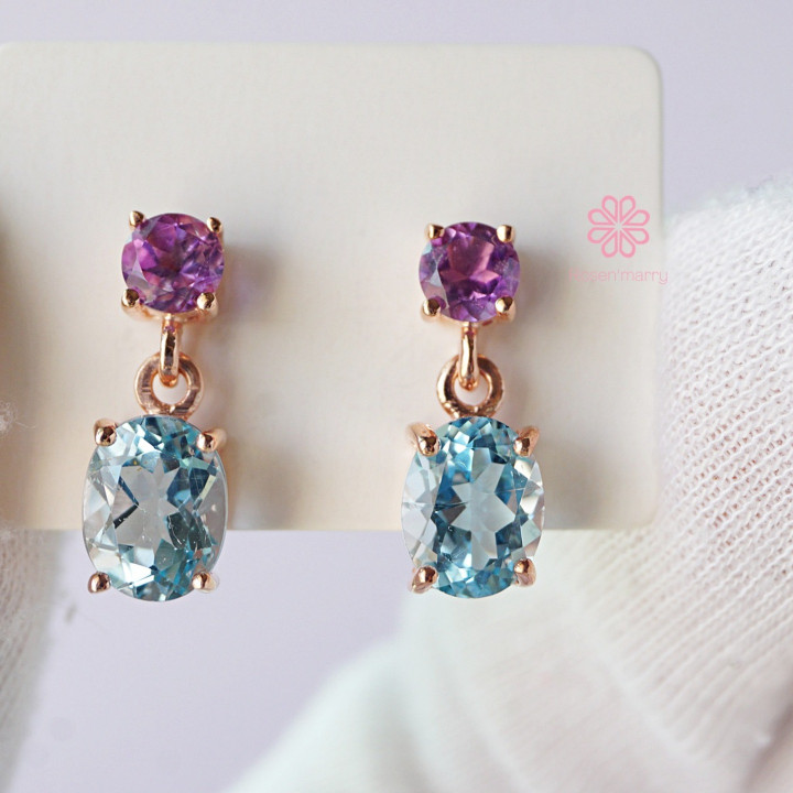 Rose Quartz and Amethyst Dangle Earrings | Sterling Silver