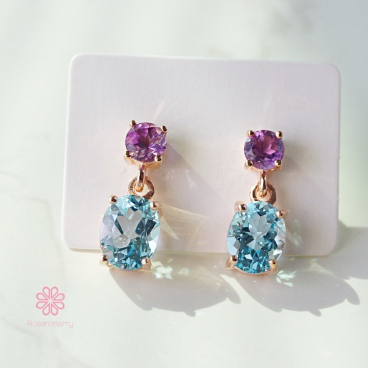 Rose Quartz and Amethyst Dangle Earrings | Sterling Silver