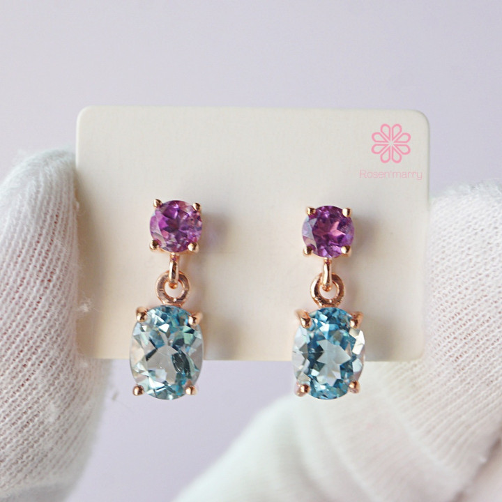 Rose Quartz and Amethyst Dangle Earrings | Sterling Silver