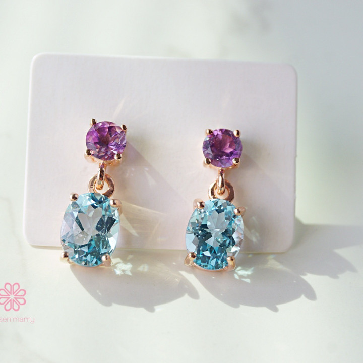 Rose Quartz and Amethyst Dangle Earrings | Sterling Silver