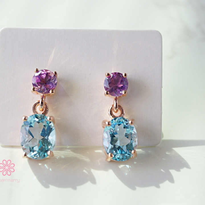 Rose Quartz and Amethyst Dangle Earrings | Sterling Silver