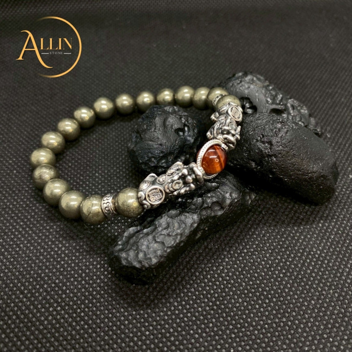 Pyrite and Red Tiger's Eye Bracelet with Oxidized Silver Pixiu Charms