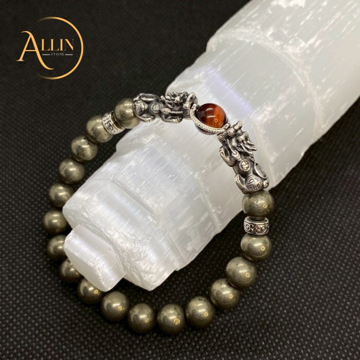 Pyrite and Red Tiger's Eye Bracelet with Oxidized Silver Pixiu Charms
