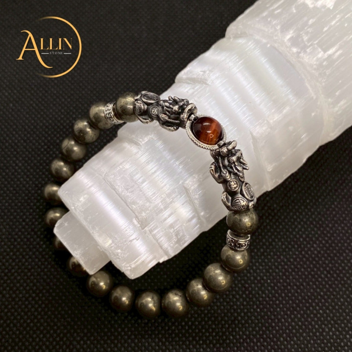 Pyrite and Red Tiger's Eye Bracelet with Oxidized Silver Pixiu Charms