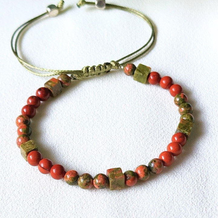 Pulsera de unakita y jaspe rojo: Suerte, riqueza y vitalidad