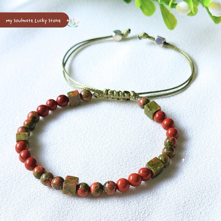 Pulsera de unakita y jaspe rojo: Suerte, riqueza y vitalidad