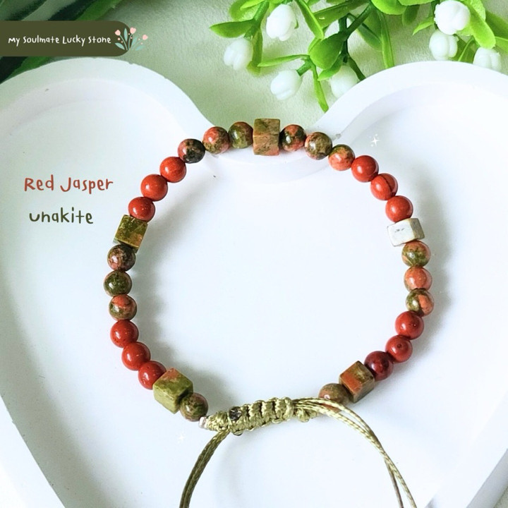 Pulsera de unakita y jaspe rojo: Suerte, riqueza y vitalidad