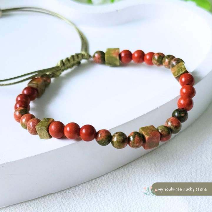 Pulsera de unakita y jaspe rojo: Suerte, riqueza y vitalidad