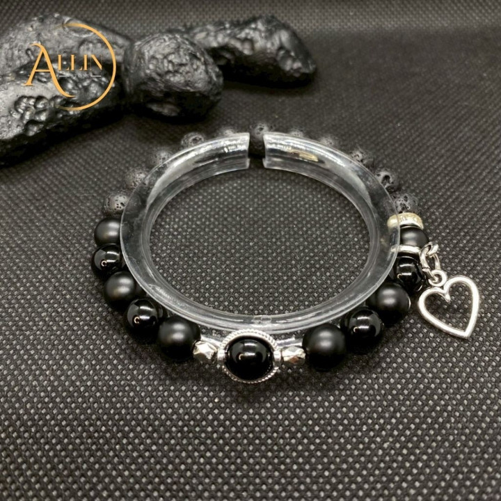 Black Lava Stone and Heart Charm Bracelet | CL3