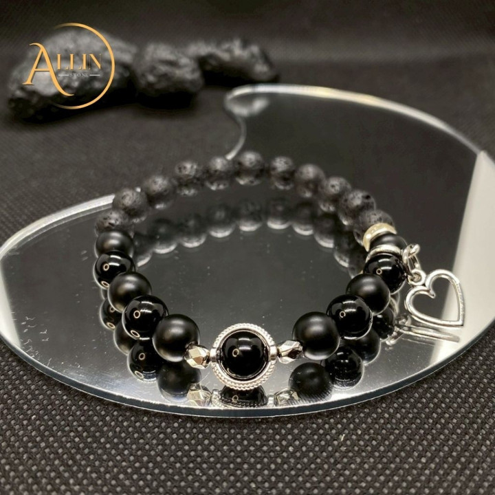 Black Lava Stone and Heart Charm Bracelet | CL3