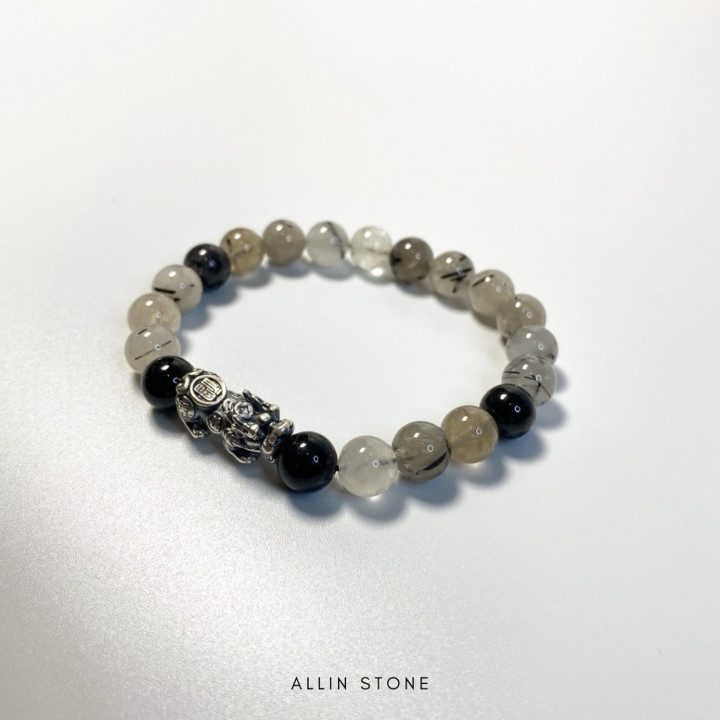 Black Rutilated Silk Bracelet with Pixiu Charm for Success