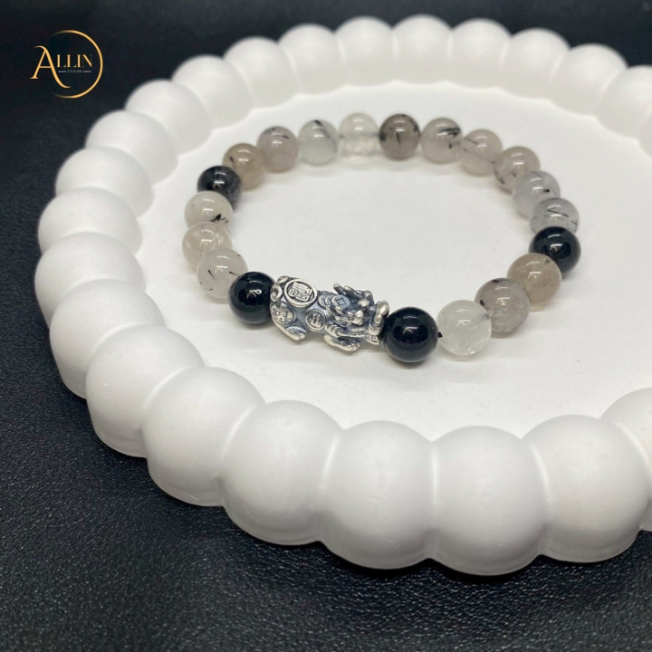 Black Rutilated Silk Bracelet with Pixiu Charm for Success