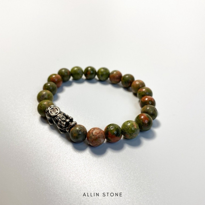 Unakite Pixiu Bracelet | 8mm Beads and Silver Charm for Luck