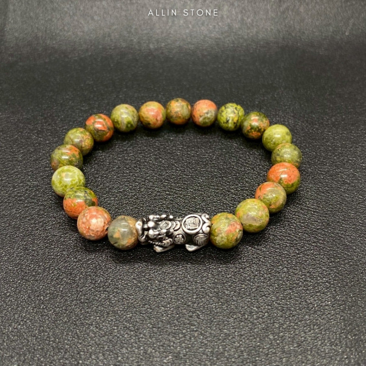 Unakite Pixiu Bracelet | 8mm Beads and Silver Charm for Luck