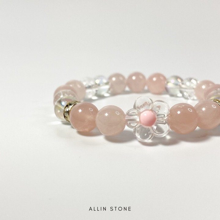 Rose Quartz and Aura Quartz Bracelet | Boho Flower Bead Design