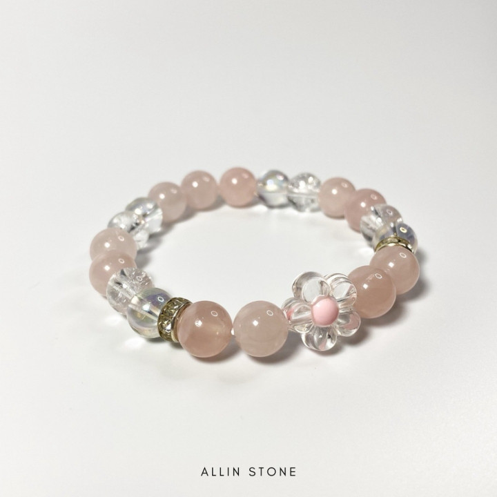Rose Quartz and Aura Quartz Bracelet | Boho Flower Bead Design