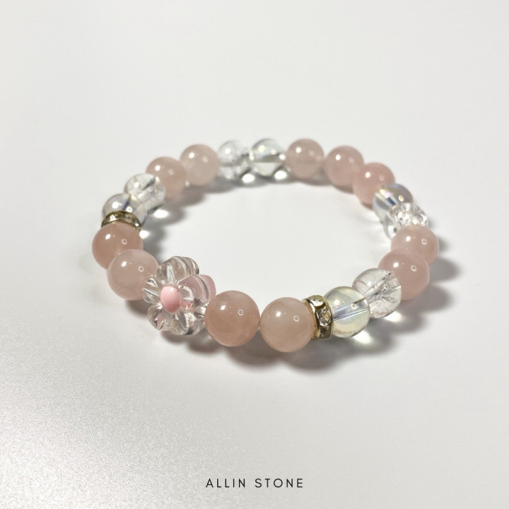 Rose Quartz and Aura Quartz Bracelet | Boho Flower Bead Design
