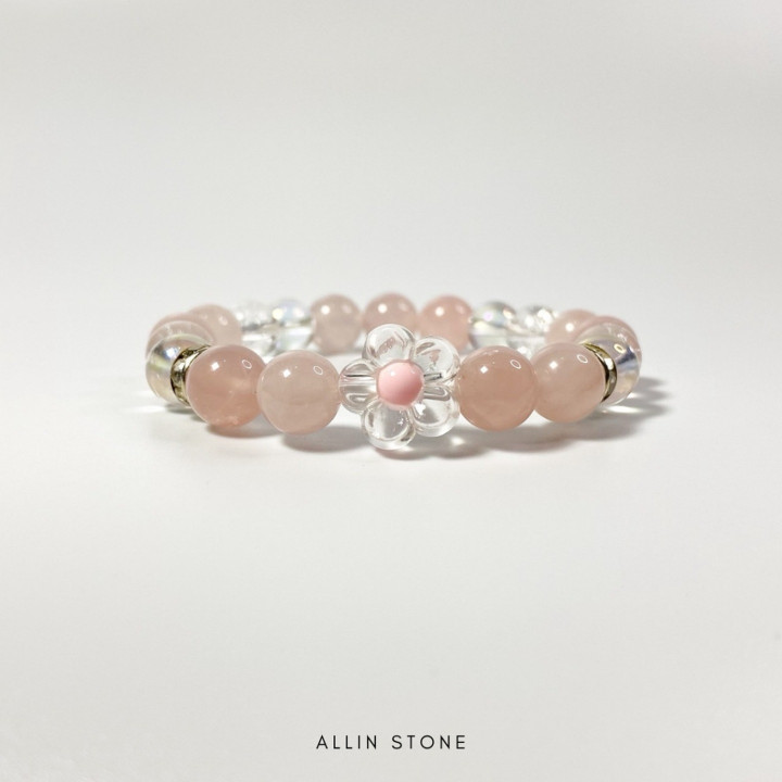 Rose Quartz and Aura Quartz Bracelet | Boho Flower Bead Design