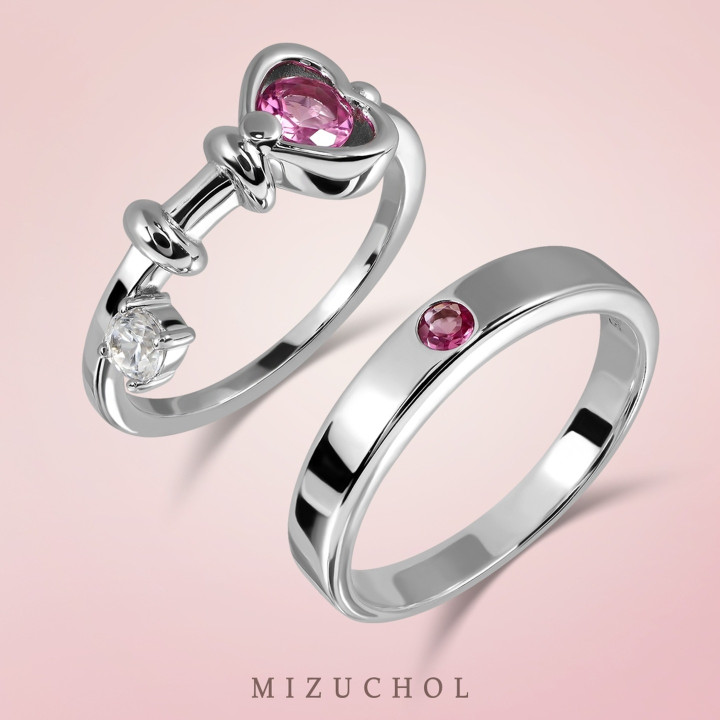 Bagues de couple en argent sterling avec cadenas et clé en tourmaline rose et tourmaline rose