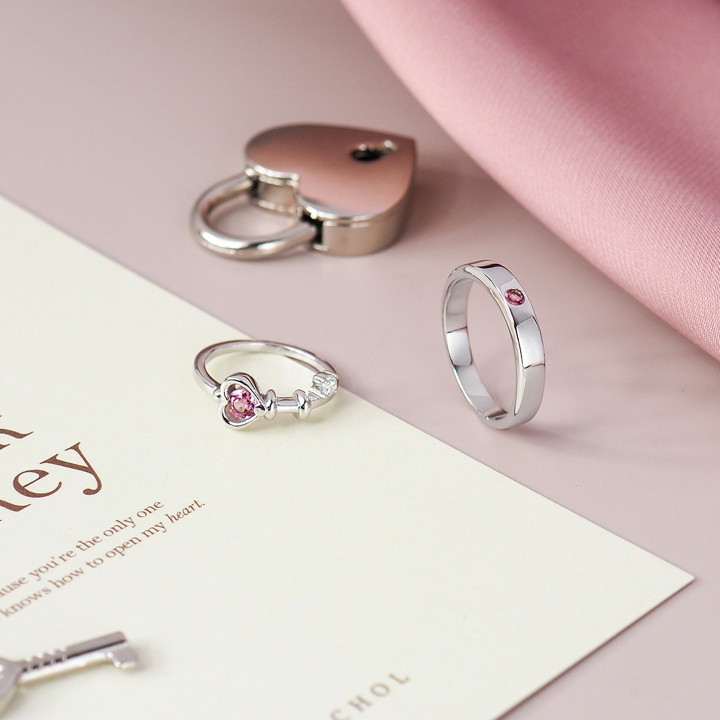 Bagues de couple en argent sterling avec cadenas et clé en tourmaline rose et tourmaline rose