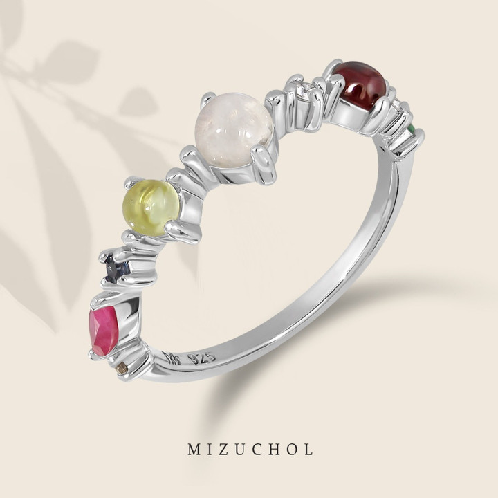 Sterling Silber Ring mit neun Glückssteinen und Diamanten