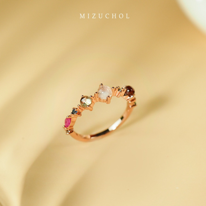 Sterling Silber Ring mit neun Glückssteinen und Diamanten
