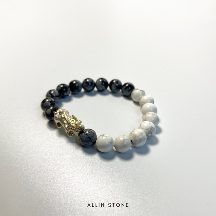 Howlite and Pixiu Bracelet: 8mm Beads, Sterling Silver Charm
