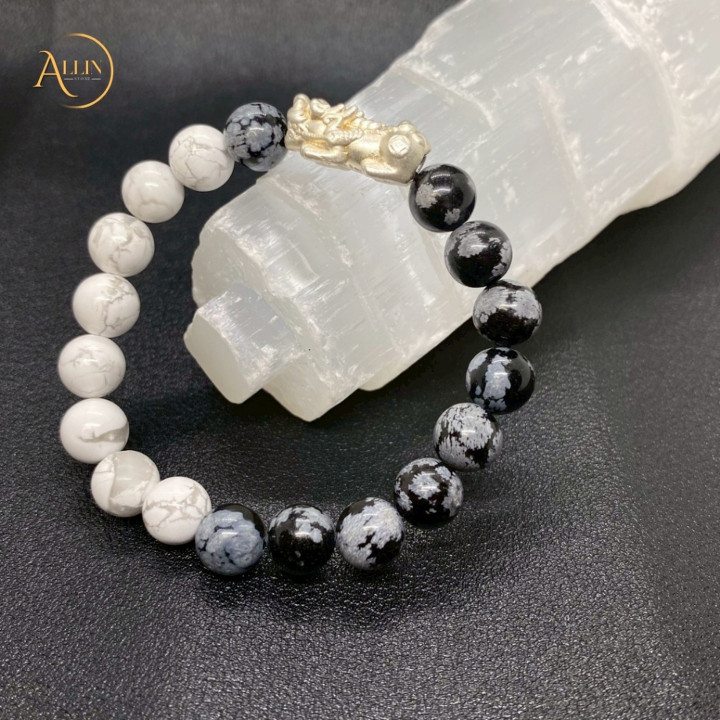 Howlite and Pixiu Bracelet: 8mm Beads, Sterling Silver Charm