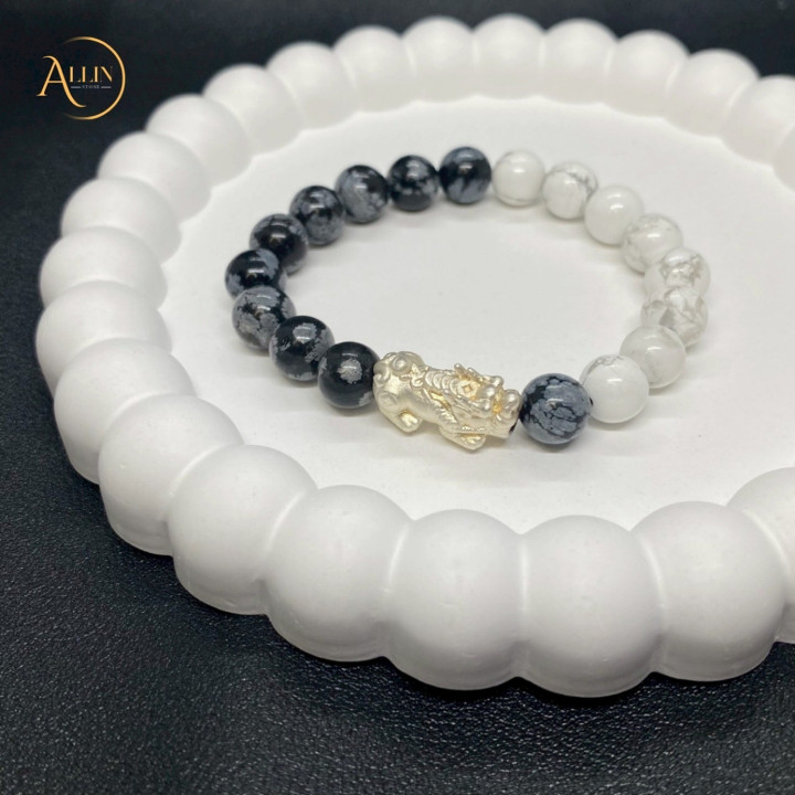 Howlite and Pixiu Bracelet: 8mm Beads, Sterling Silver Charm