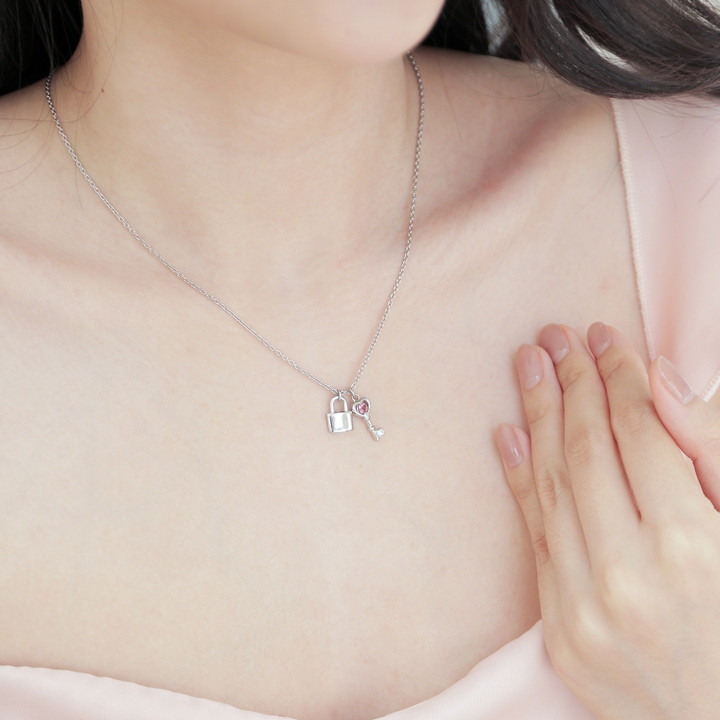 Sterling Silver White Gold Plated Lock and Key Necklace