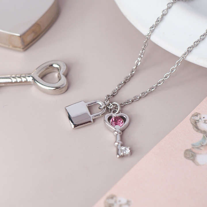 Sterling Silver White Gold Plated Lock and Key Necklace