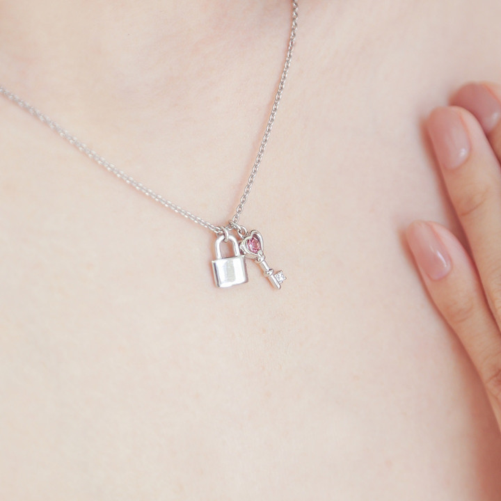 Sterling Silver White Gold Plated Lock and Key Necklace