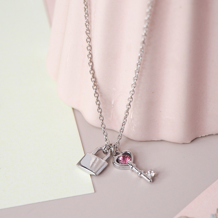 Sterling Silver White Gold Plated Lock and Key Necklace