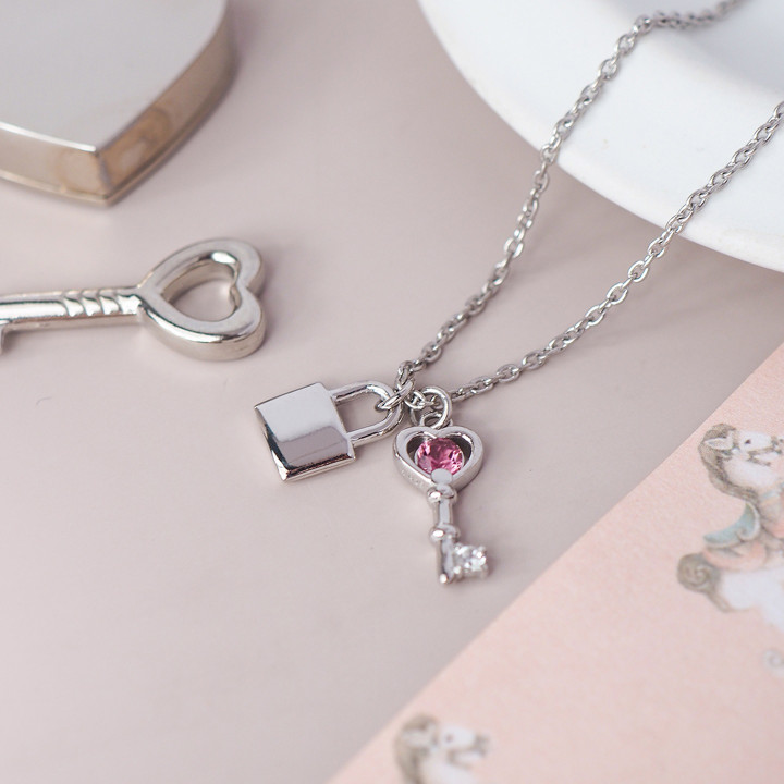 Sterling Silver White Gold Plated Lock and Key Necklace