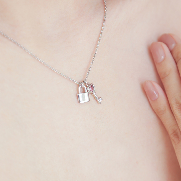 Sterling Silver White Gold Plated Lock and Key Necklace