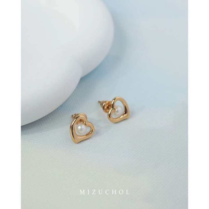 Pendientes de perlas de plata de ley chapados en oro - Nube/Corazón