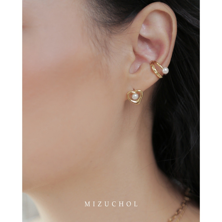 Pendientes de perlas de plata de ley chapados en oro - Nube/Corazón