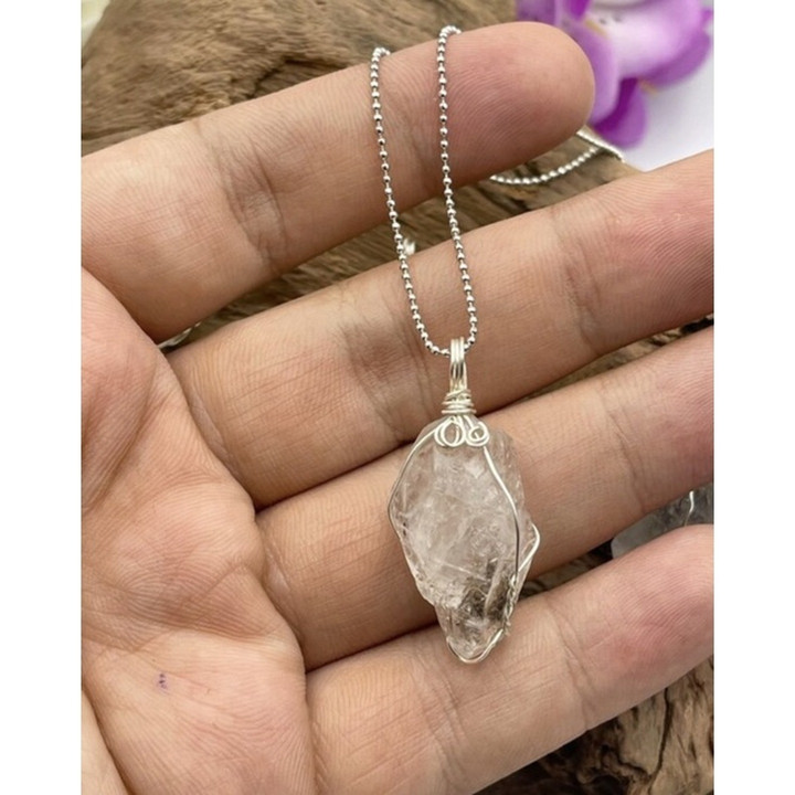 Herkimer Diamond Quartz Pendant - Natural Stone with Copper and Rhodium Chain