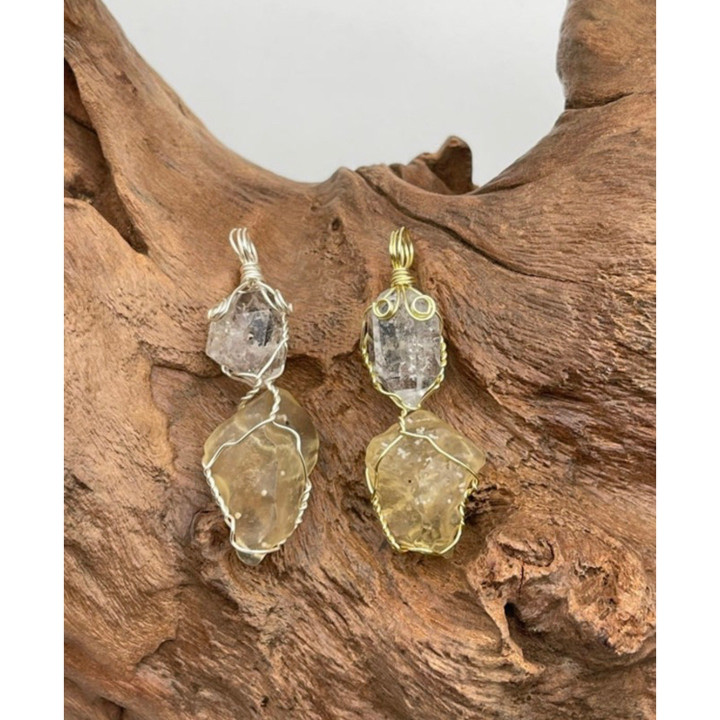 Herkimer Quartz and Libyan Tektite Pendant - Gold or Silver