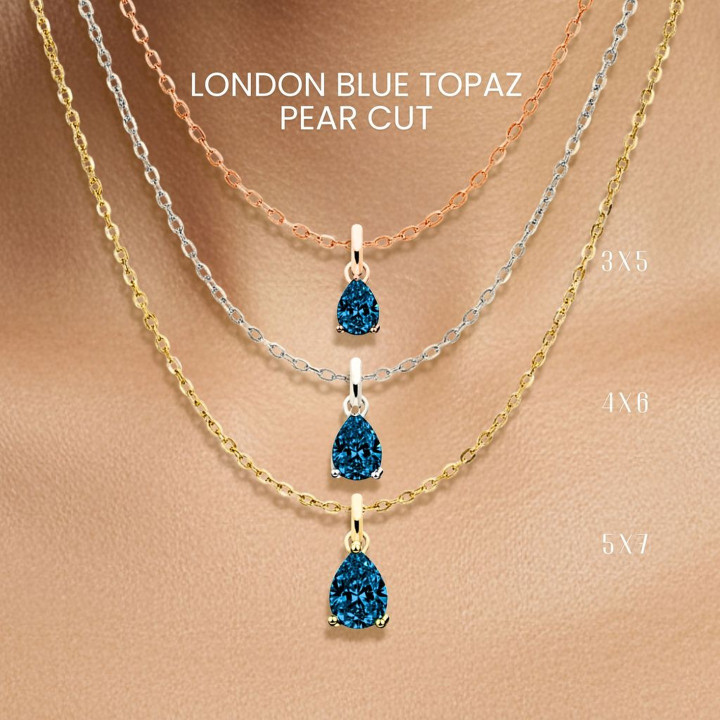 Collar con colgante de topacio azul de Londres en forma de lágrima | Plata de ley y baño de oro