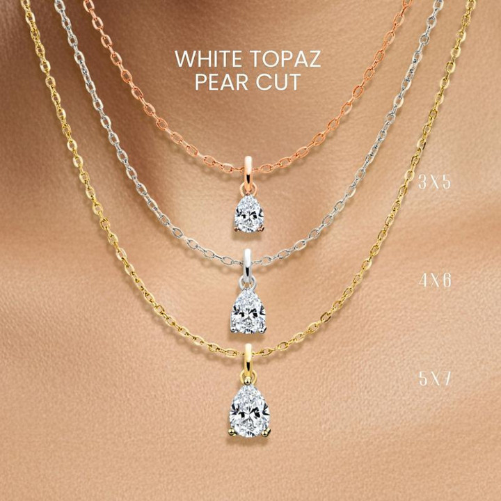Collar con colgante de topacio blanco en forma de lágrima | Plata de ley y baño de oro