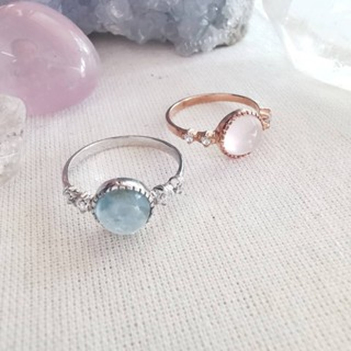 Rose Quartz and Aquamarine Silver Ring - Unique Gemstone Jewelry