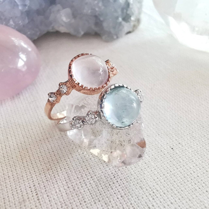 Rose Quartz and Aquamarine Silver Ring - Unique Gemstone Jewelry