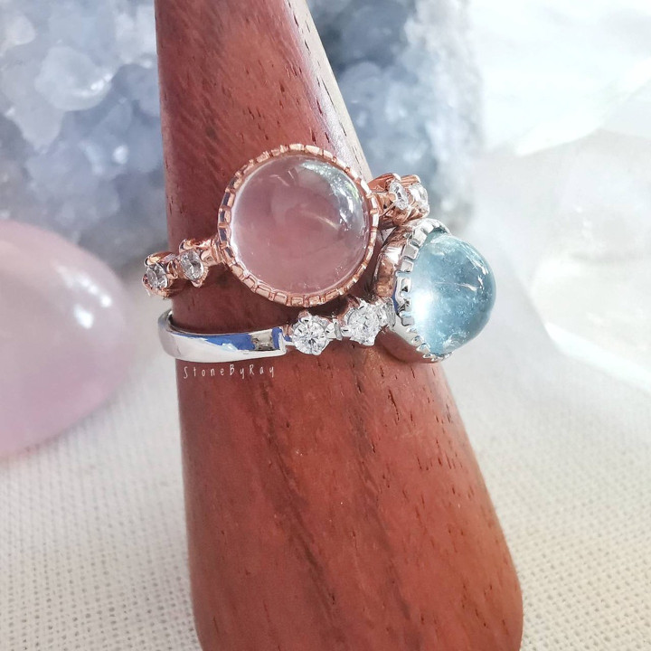 Rose Quartz and Aquamarine Silver Ring - Unique Gemstone Jewelry