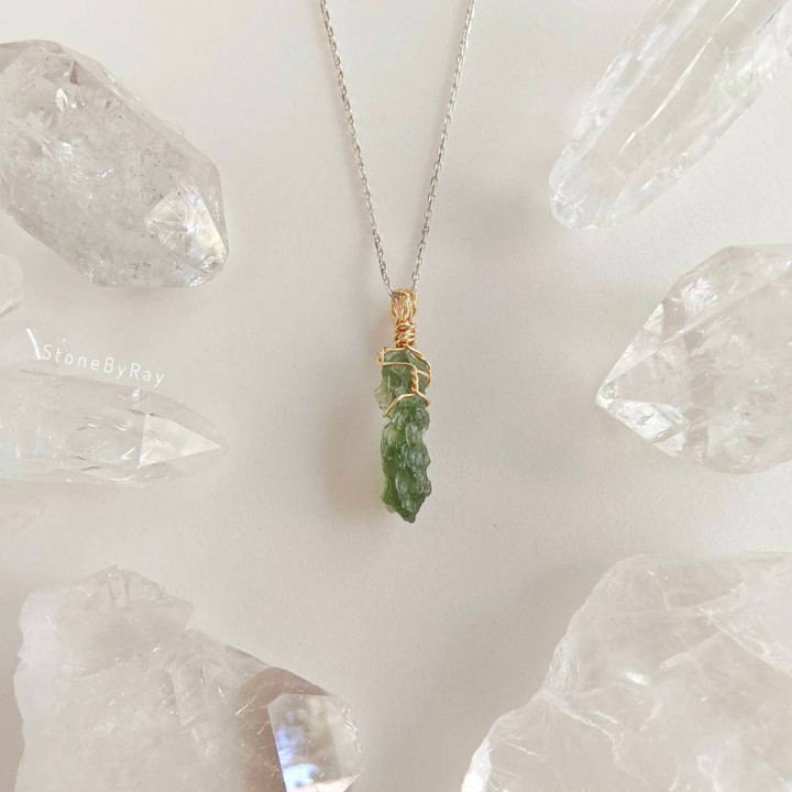 Moldavite Meteorite Pendant Necklace in Silver